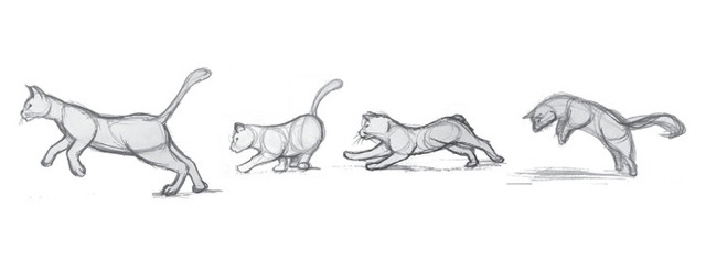 Pencil sketch of an animal character as the combination of loosely drawn primitives of varying size. In the top row in its simplest form as a series of ovals of varying sizes positioned at important junctions and capturing some of the main body parts. The particular orientations and combinations of these primitives indicate different body poses and leads to an animation of natural-looking movements. In the middle row details are added, some shading is shown. In the bottom row some of the initial drawn primitive outlines are erased, while other details are added as well as shadows.